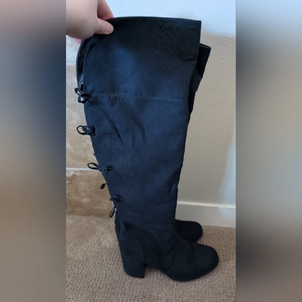 Charming Charlie Tall Heeled Bow Detail Navy Suede Boots
